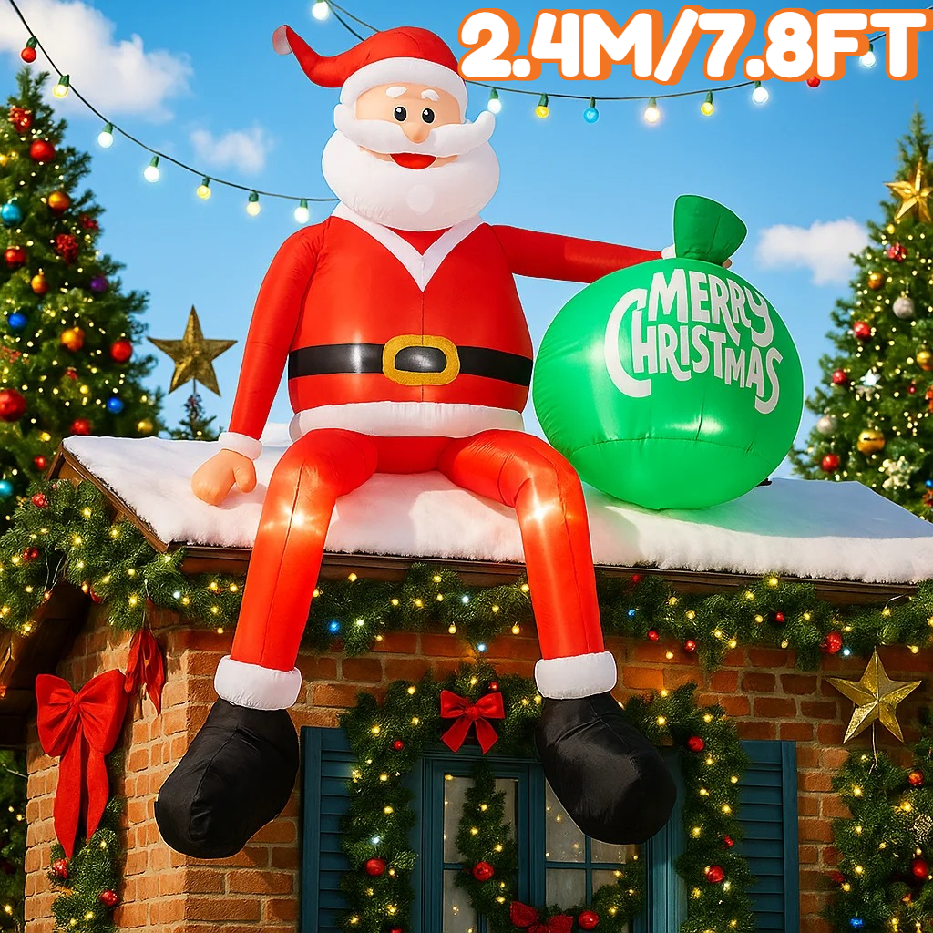 Xmas Outdoor Lighting Decorations - 2.4M/7.8FT Inflatable Santa Claus with Gift