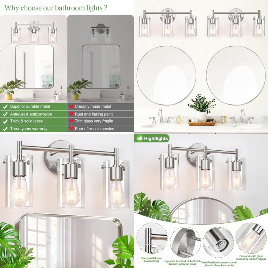 Solar Wall Sconce - Bathroom Vanity Light Fixtures, Clear Glass