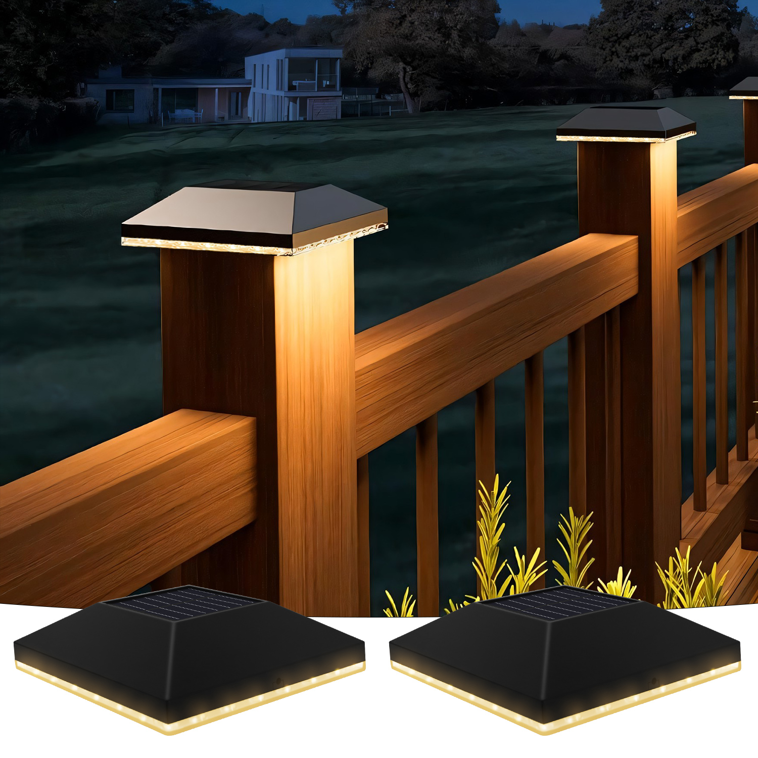 Outdoor Lighting On Fence - 2Pack 24LEDSolar Post Cap Lights 4-Side